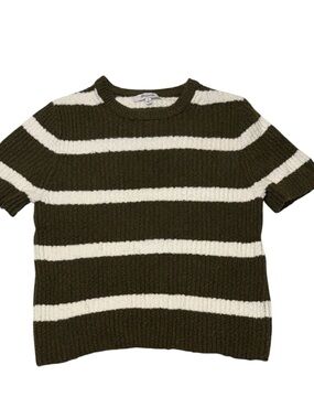 Madewell Olive and Cream Rib Knit Short Sleeve Textured Sweater
